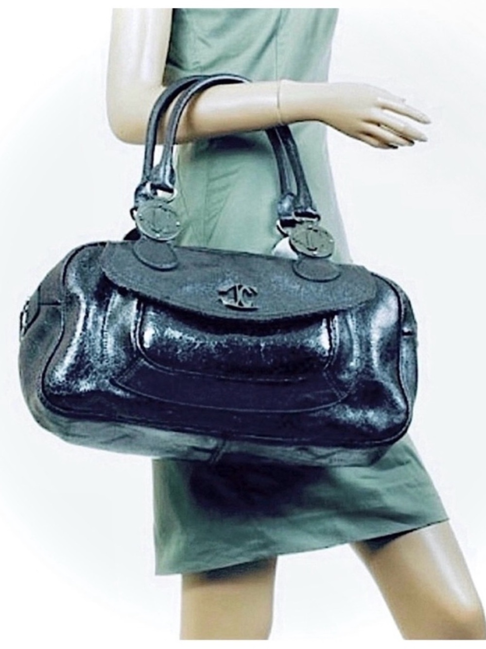 Just Cavalli Metallic Hologram Crackled Distressed Leather NEW